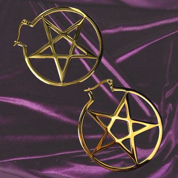 New Gold Goth Pentagram Hoop Earrings Gothic Bae‎ Pastel Wicca Witch Pentacle - Picture 2 of 2